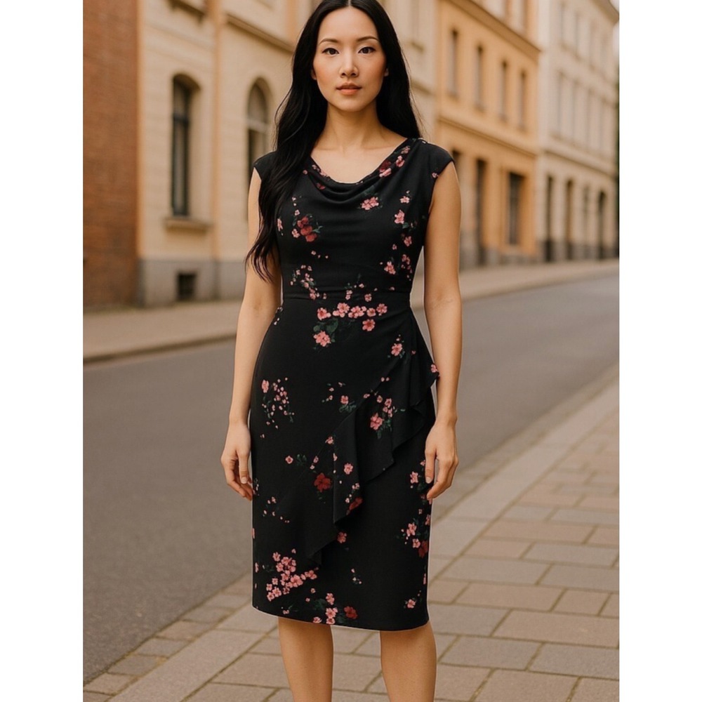 Lauren Ralph Lauren Womens Slinky Floral Sheath Dress 8 Black Whimsigoth‎ Y2K